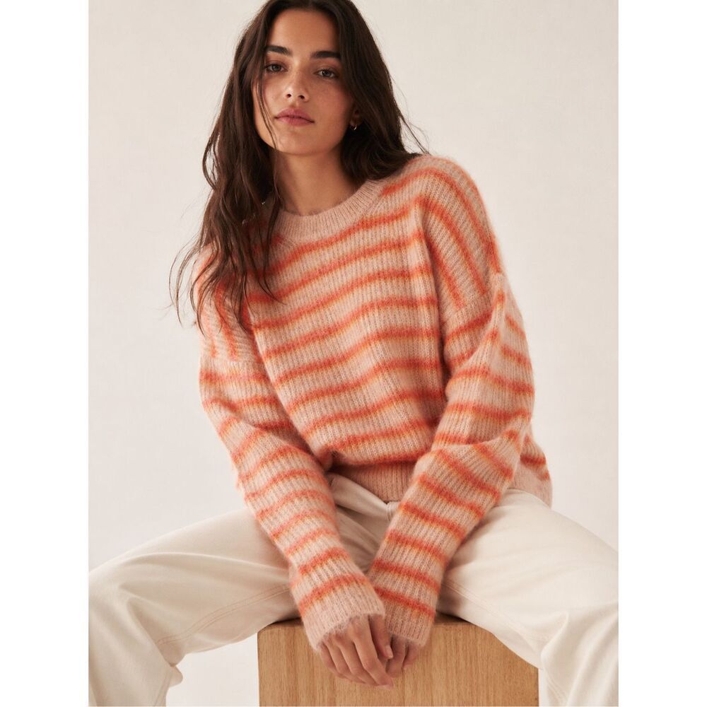 NWT Zara Soft Brushed Stripe Sweater Coral Orange Crewneck Knit Pullover A35